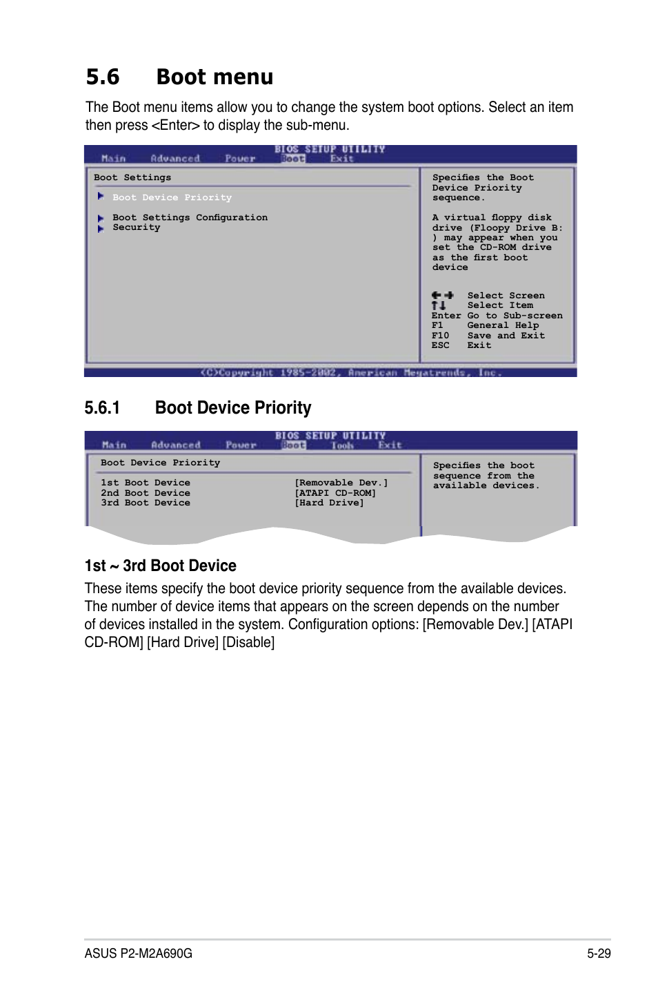 6 boot menu, 1 boot device priority, 1st ~ 3rd boot device | Asus P2-M2A690G User Manual | Page 87 / 94