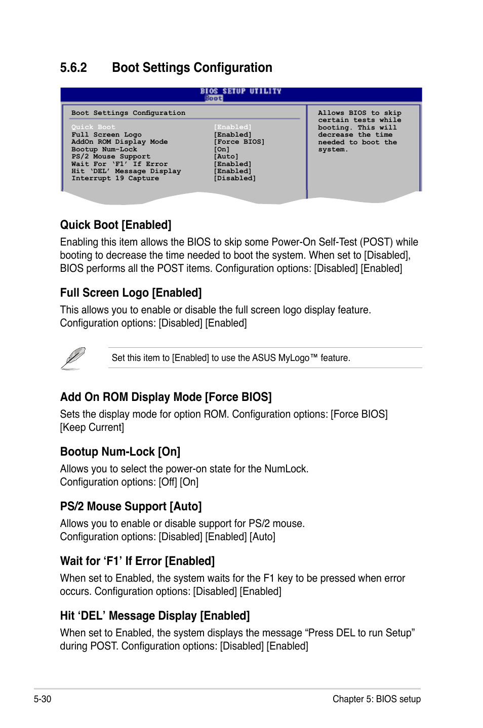 2 boot settings configuration, Quick boot [enabled, Full screen logo [enabled | Add on rom display mode [force bios, Bootup num-lock [on, Ps/2 mouse support [auto, Wait for ‘f1’ if error [enabled, Hit ‘del’ message display [enabled | Asus P2-M2A690G User Manual | Page 88 / 94