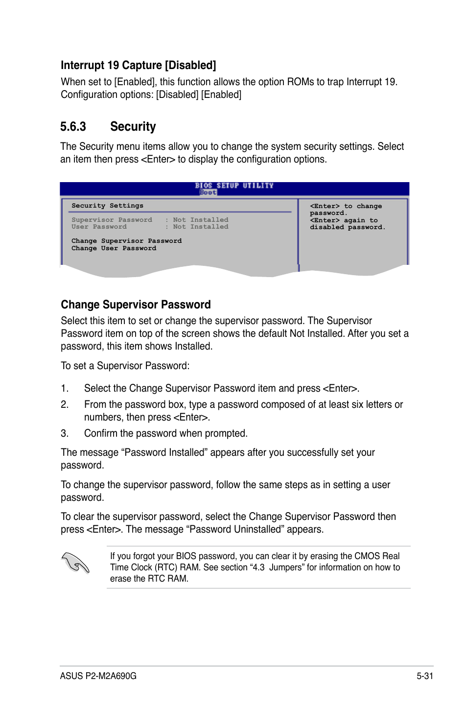 3 security, Interrupt 19 capture [disabled, Change supervisor password | Asus P2-M2A690G User Manual | Page 89 / 94