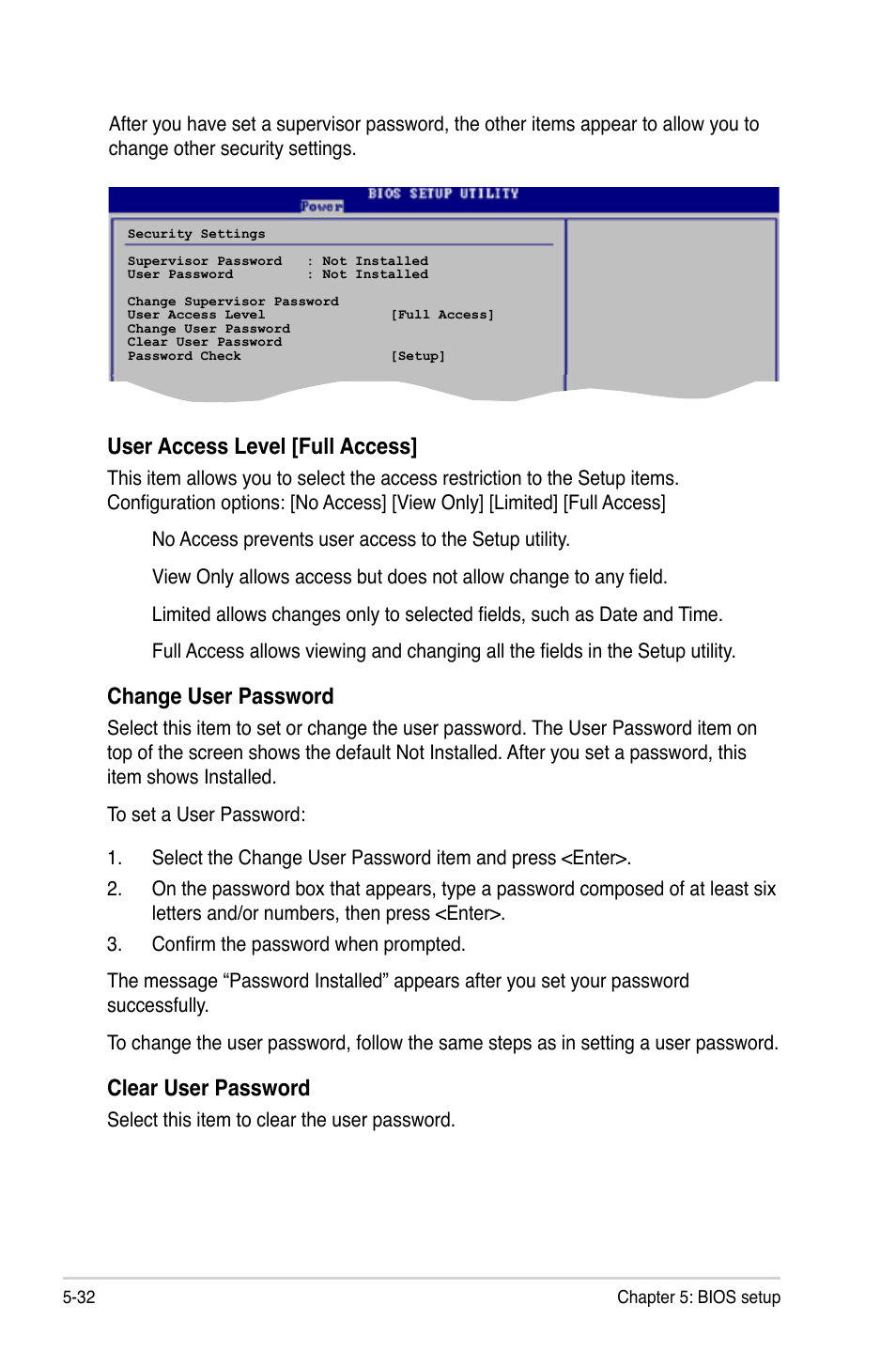 User access level [full access, Change user password, Clear user password | Asus P2-M2A690G User Manual | Page 90 / 94