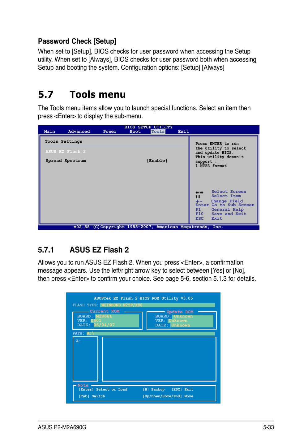 7 tools menu, 1 asus ez flash 2, Password check [setup | Asus P2-M2A690G User Manual | Page 91 / 94