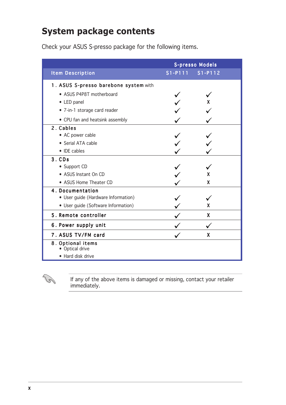 System package contents | Asus S-presso User Manual | Page 10 / 106