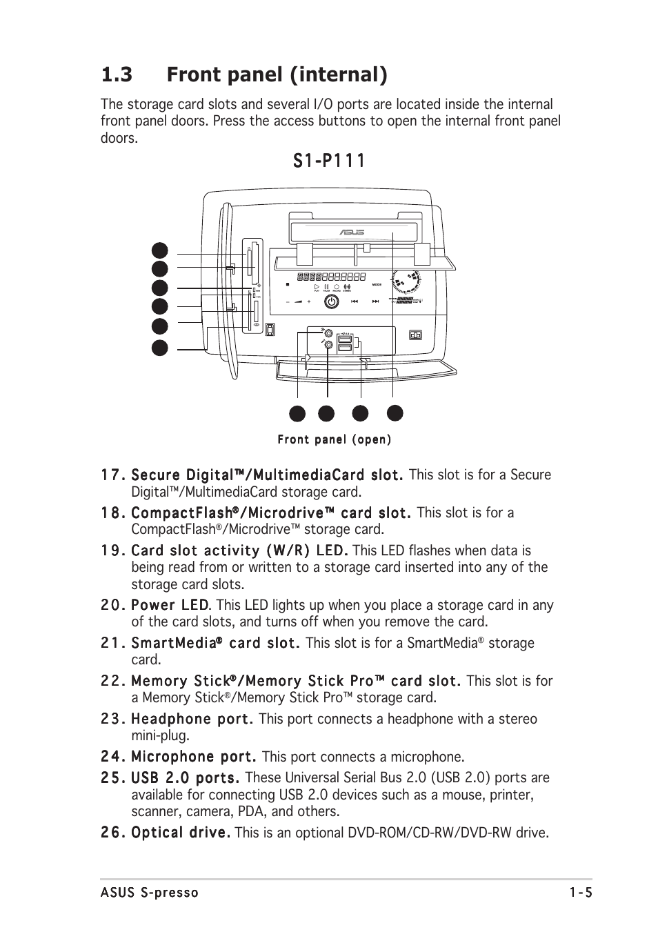 3 front panel (internal), S1-p111 | Asus S-presso User Manual | Page 15 / 106