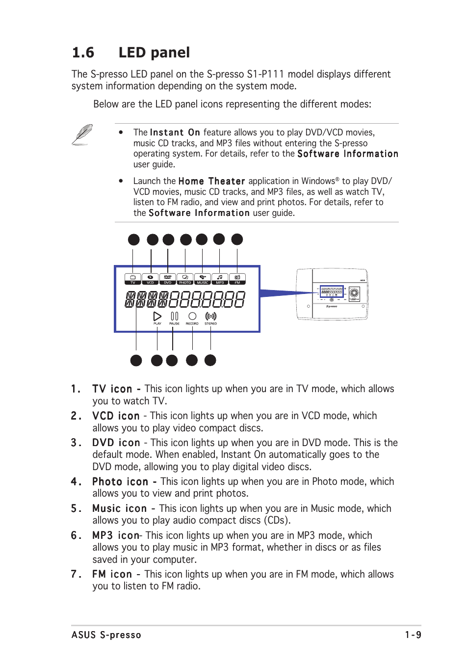 6 led panel | Asus S-presso User Manual | Page 19 / 106