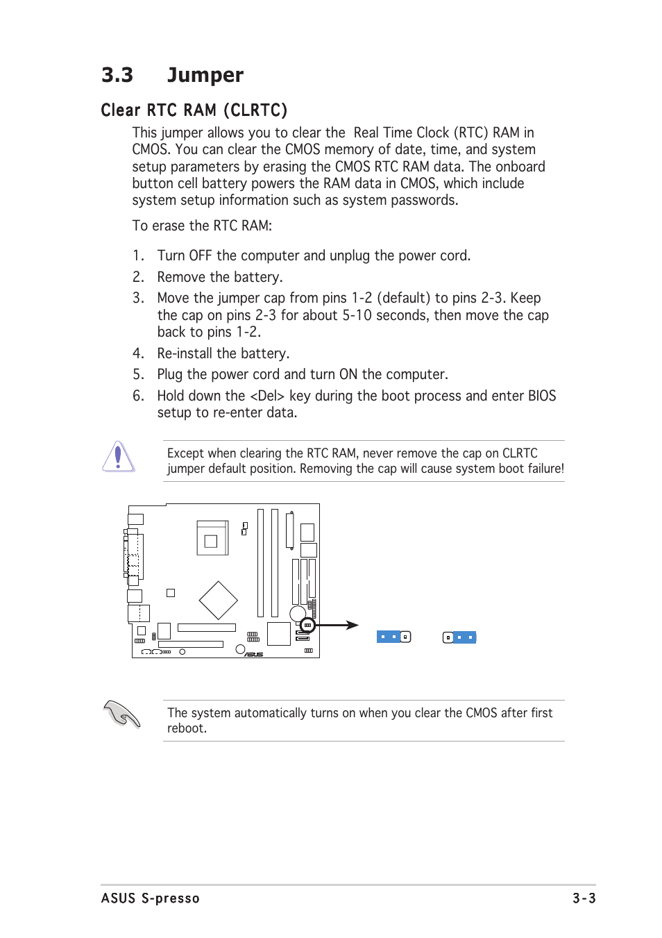 3 jumper, Clear rtc ram (clrtc) | Asus S-presso User Manual | Page 45 / 106