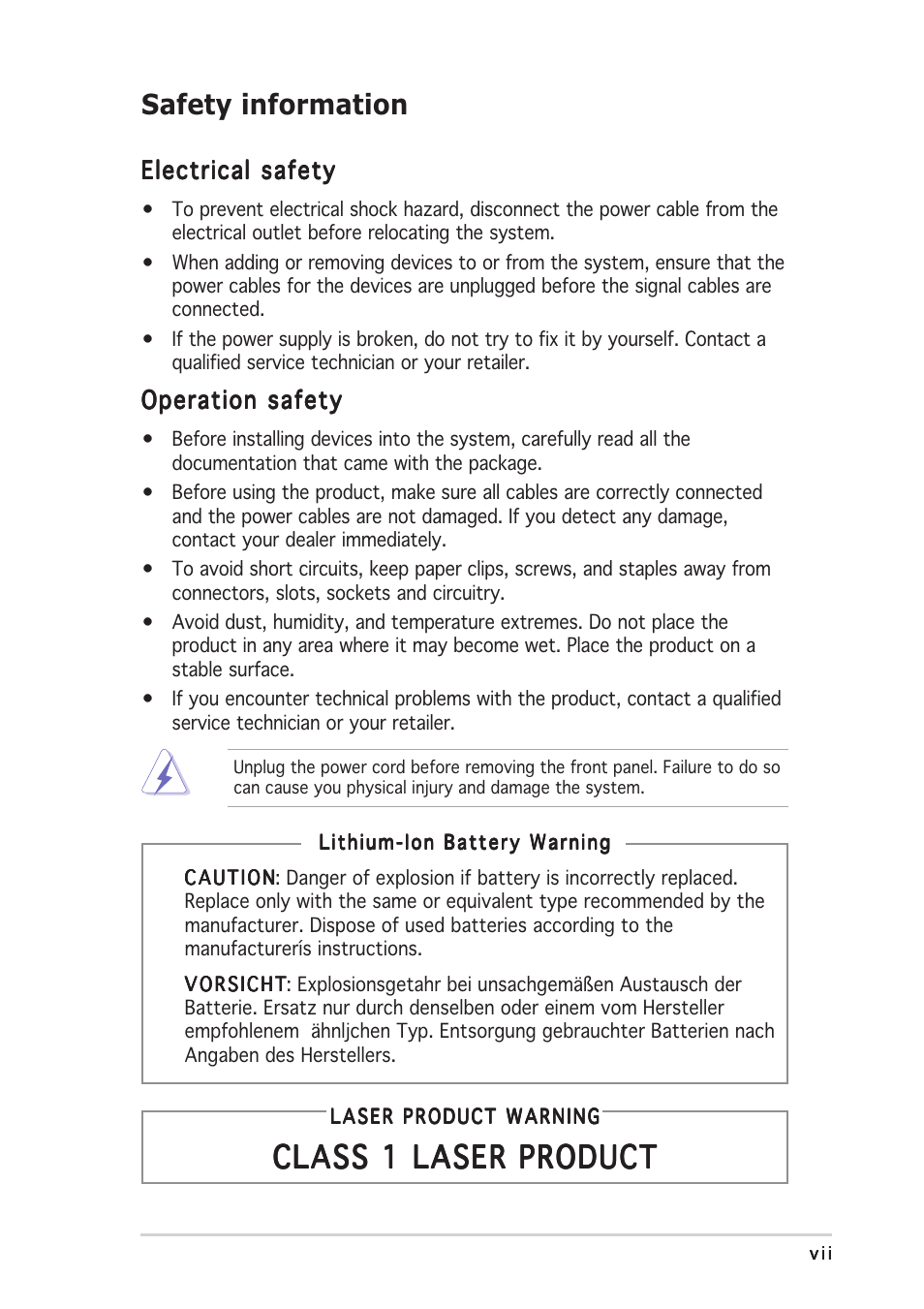 Class 1 laser product, Safety information | Asus S-presso User Manual | Page 7 / 106