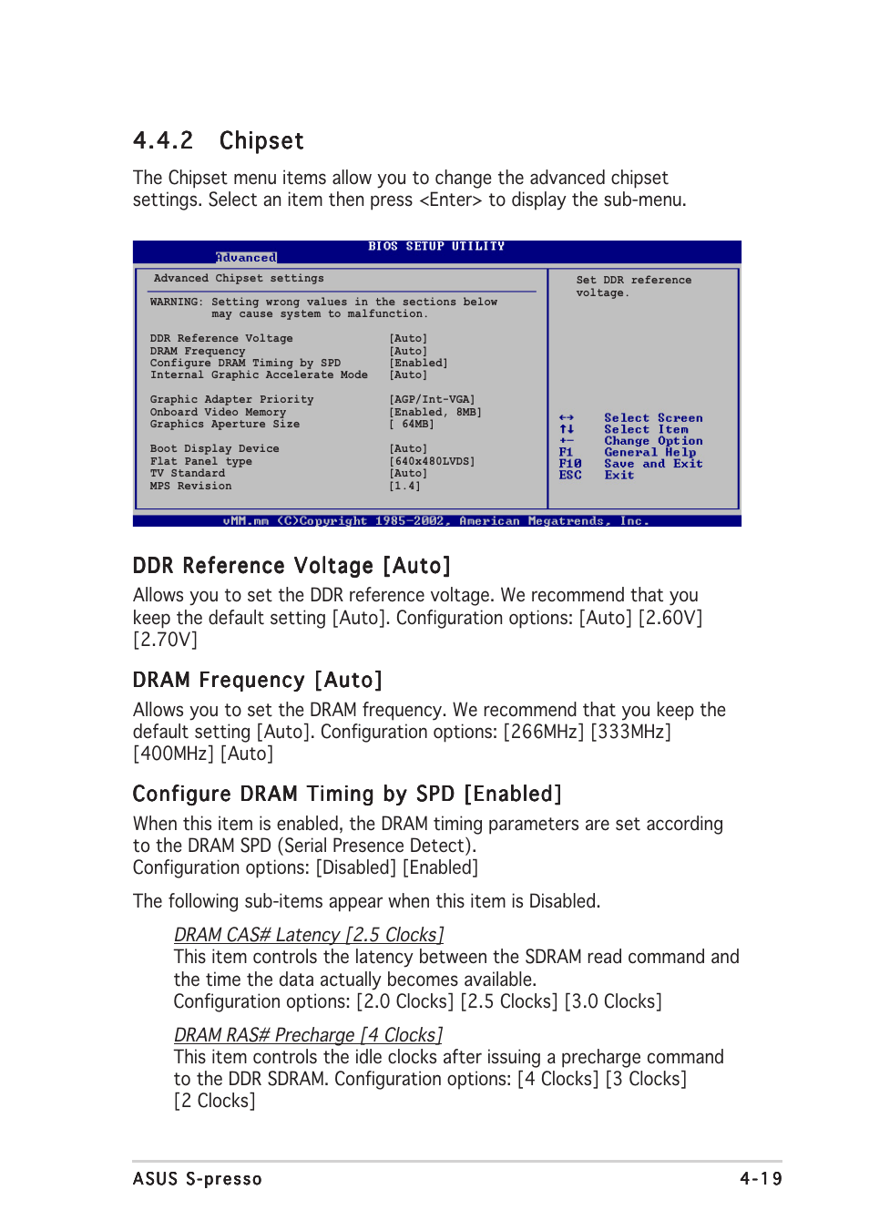 2 chipset chipset chipset chipset chipset, Ddr reference voltage [auto, Dram frequency [auto | Configure dram timing by spd [enabled | Asus S-presso User Manual | Page 73 / 106