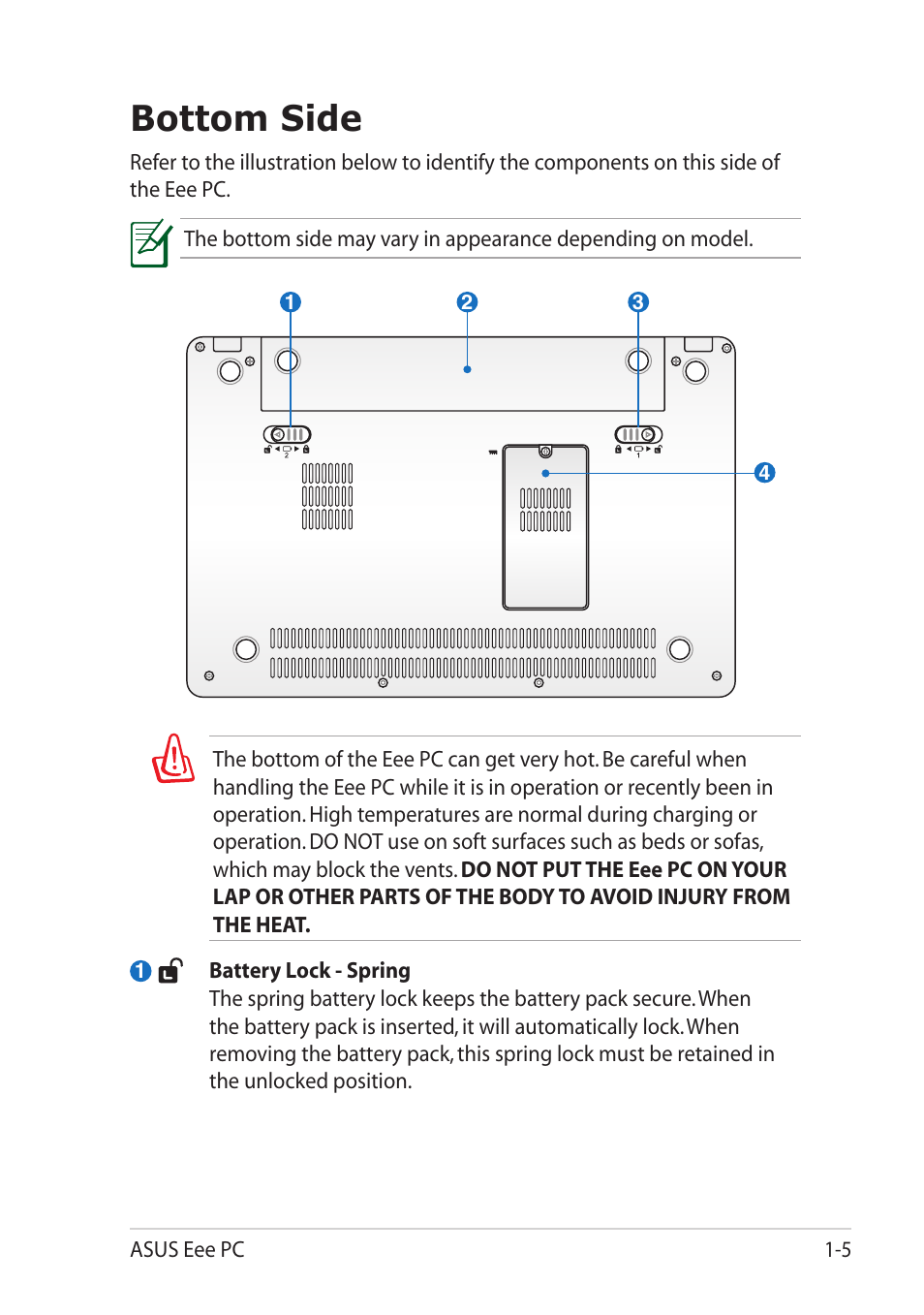 Bottom side, Bottom side -5 | Asus Eee PC 1101HA User Manual | Page 13 / 82