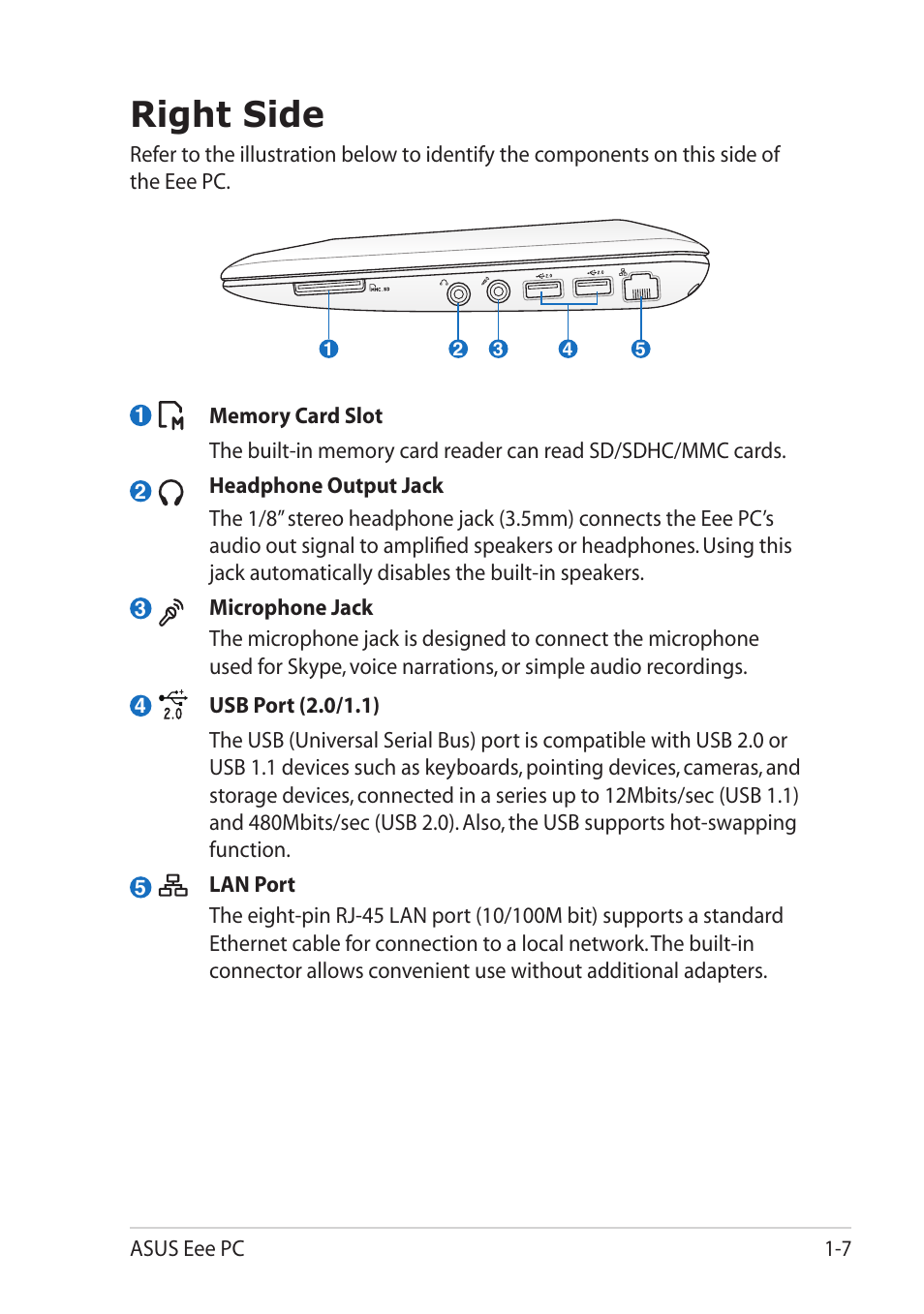 Right side, Right side -7 | Asus Eee PC 1101HA User Manual | Page 15 / 82