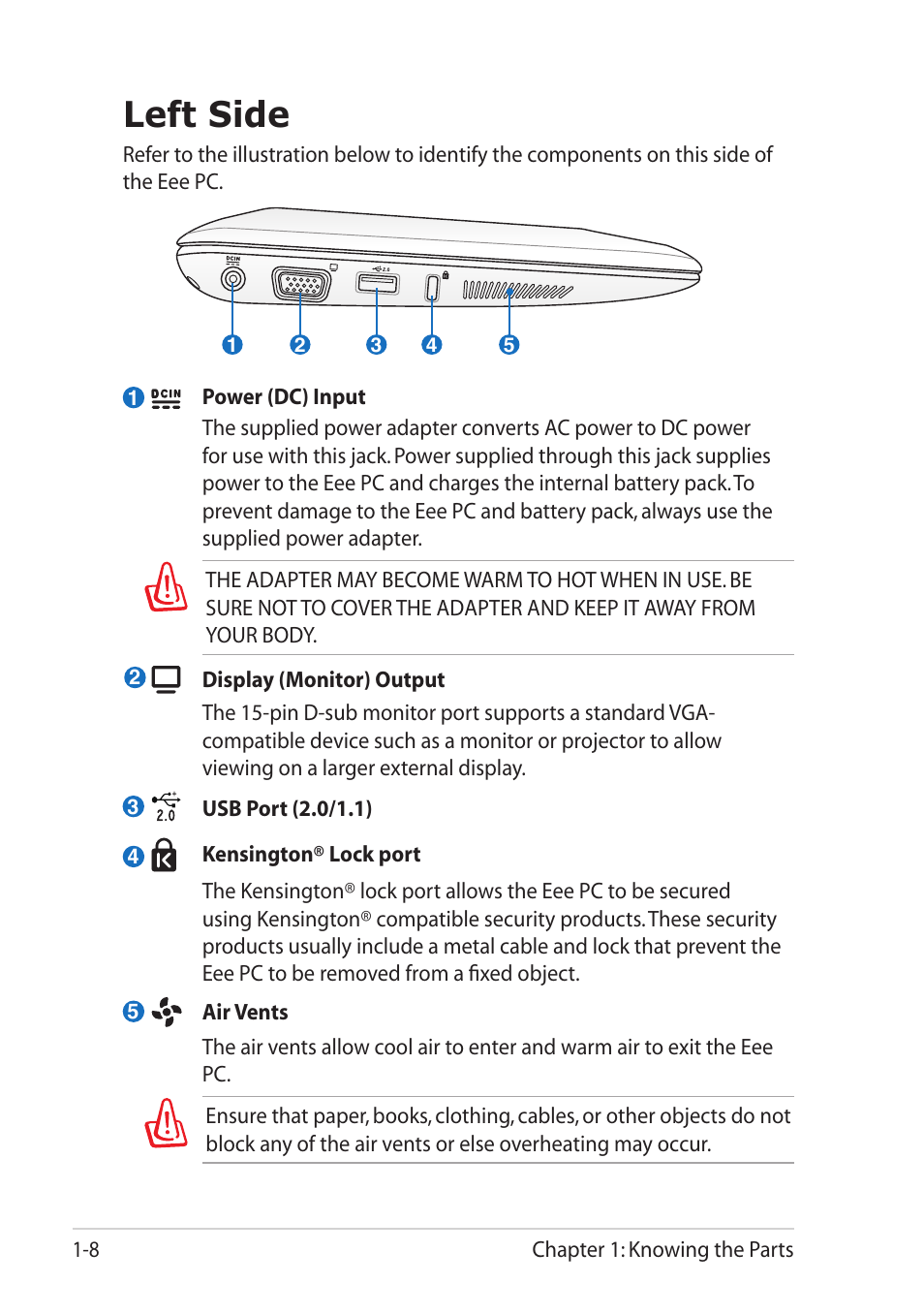 Left side, Left side -8 | Asus Eee PC 1101HA User Manual | Page 16 / 82