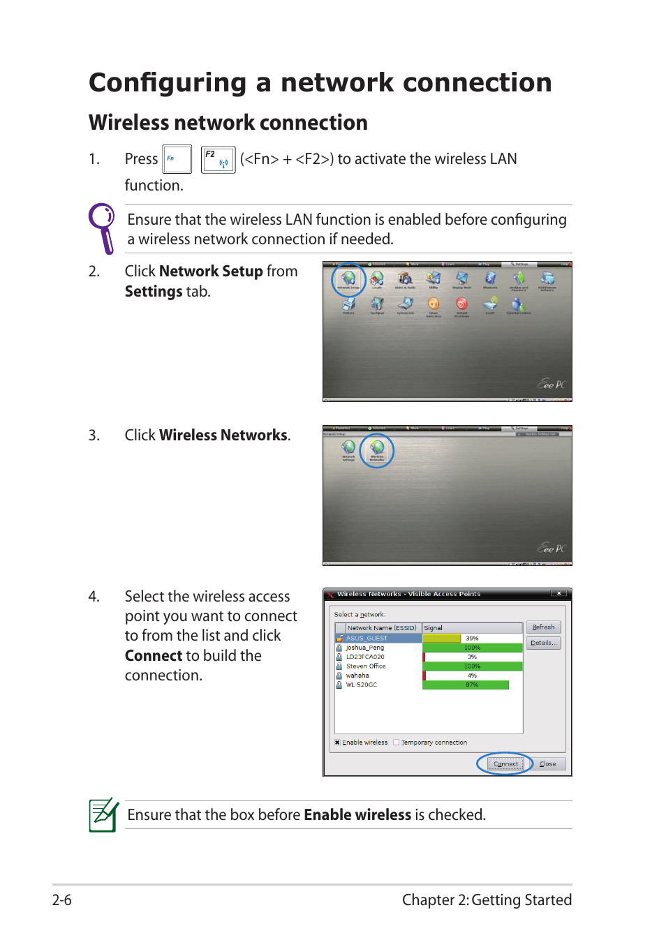 Configuring a network connection, Wireless network connection, Configuring a network connection -6 | Wireless network connection -6 | Asus Eee PC 1101HA User Manual | Page 26 / 82