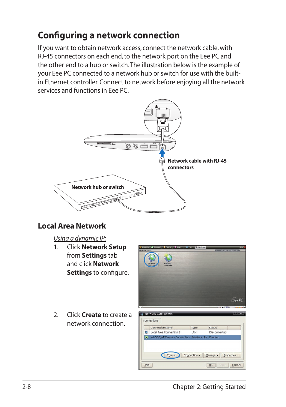 Configuring a network connection, Configuring a network connection -8, Local area network | Asus Eee PC 1101HA User Manual | Page 28 / 82