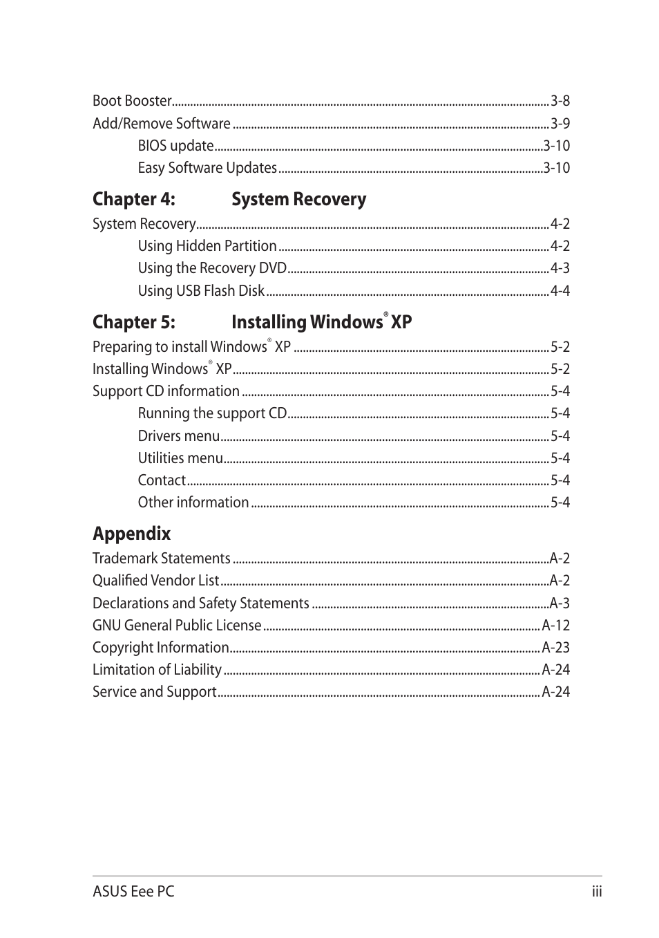 Chapter 4: system recovery, Chapter 5: installing windows, Appendix | Asus Eee PC 1101HA User Manual | Page 3 / 82