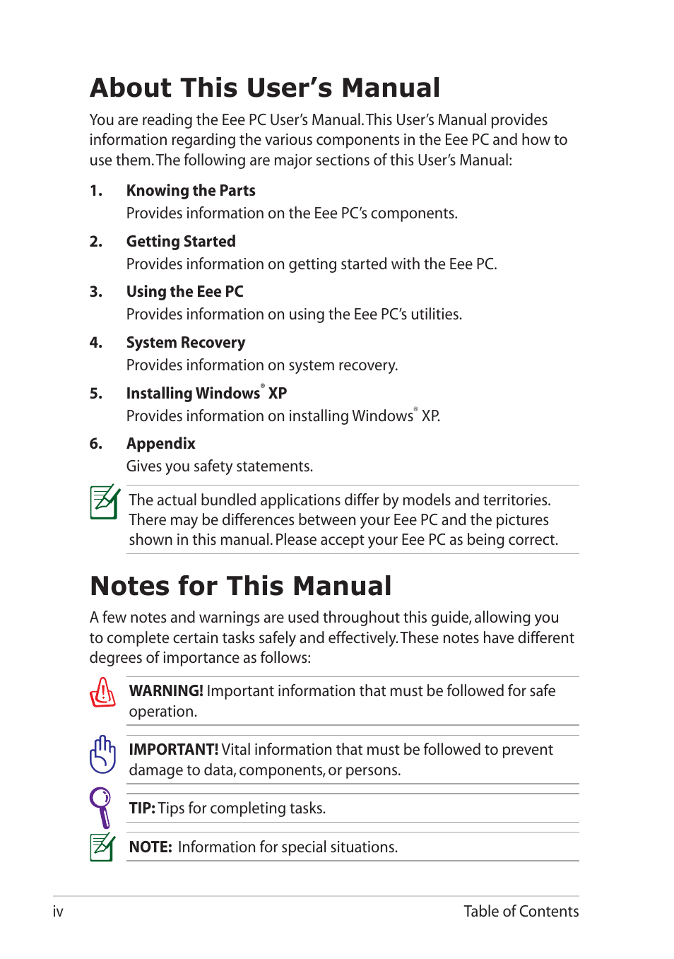 About this user’s manual, Notes for this manual | Asus Eee PC 1101HA User Manual | Page 4 / 82