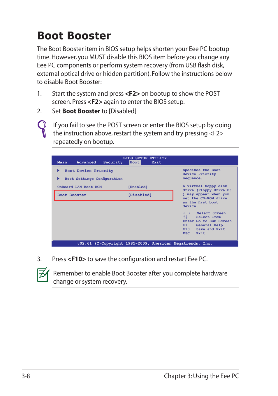 Boot booster, Boot booster -8, Chapter 3: using the eee pc 3-8 | Asus Eee PC 1101HA User Manual | Page 44 / 82