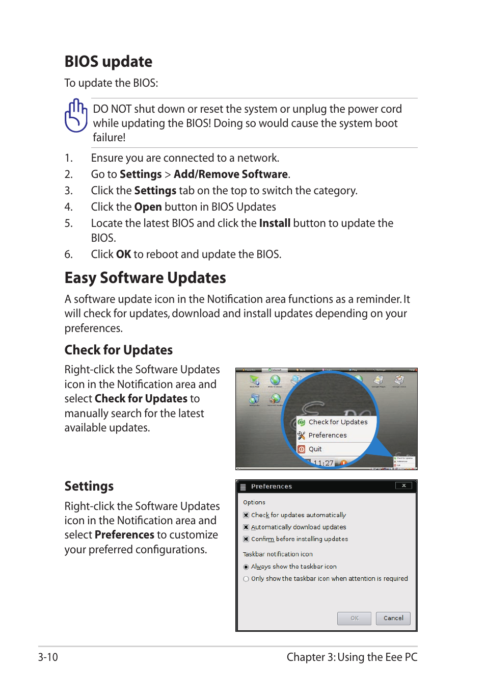 Bios update, Easy software updates, Bios update -10 easy software updates -10 | Asus Eee PC 1101HA User Manual | Page 46 / 82