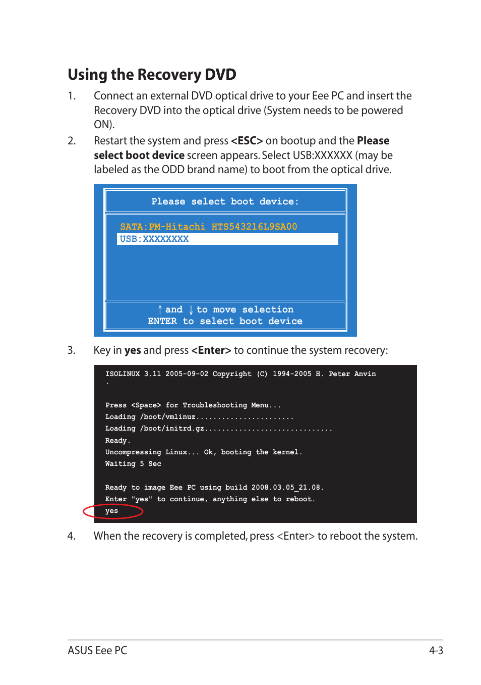 Using the recovery dvd, Using the recovery dvd -3, Using the recovery dvd dvd | Asus Eee PC 1101HA User Manual | Page 49 / 82