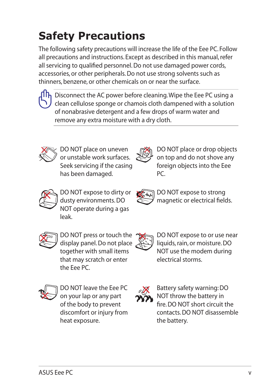 Safety precautions | Asus Eee PC 1101HA User Manual | Page 5 / 82