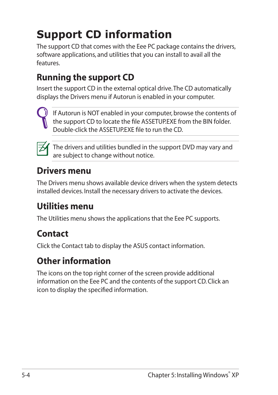 Support cd information, Running the support cd, Drivers menu | Utilities menu, Contact, Other information, Support cd information -4 | Asus Eee PC 1101HA User Manual | Page 58 / 82