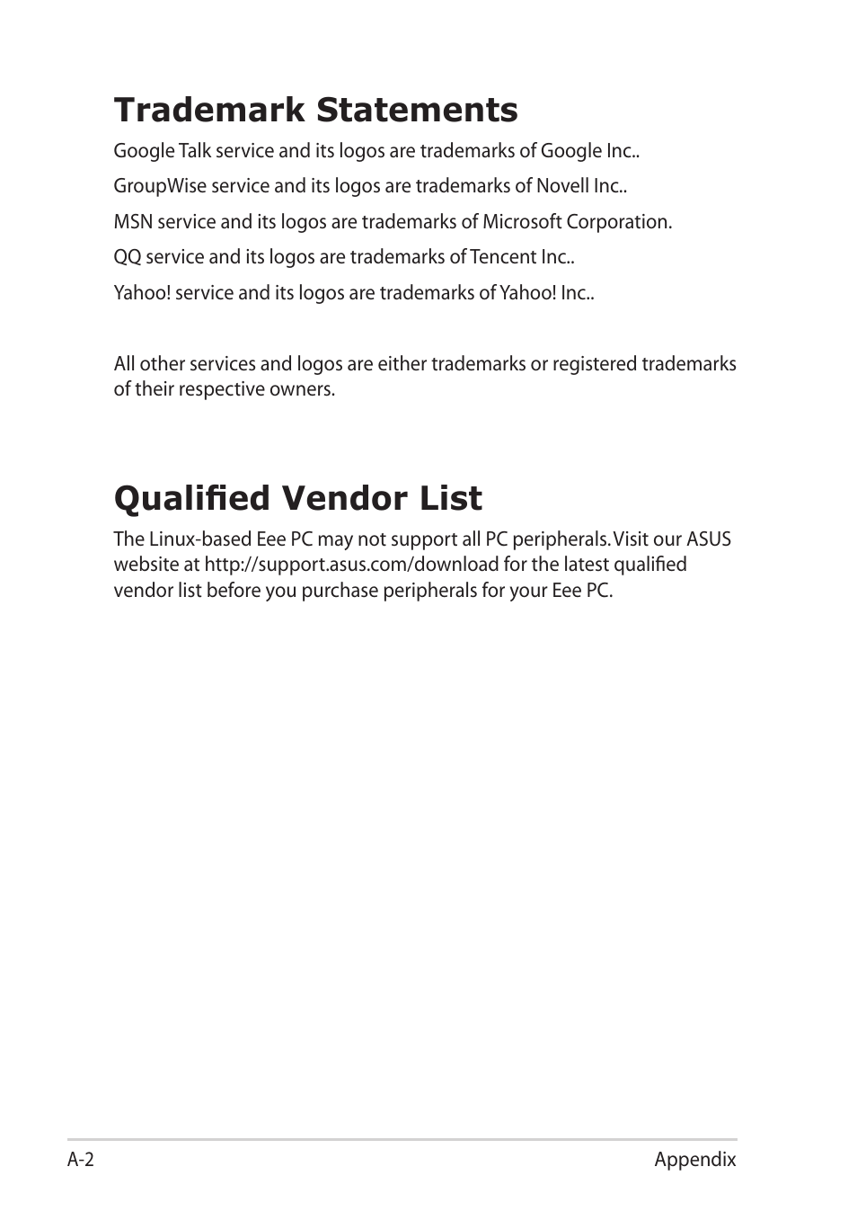 Trademark statements, Qualified vendor list | Asus Eee PC 1101HA User Manual | Page 60 / 82