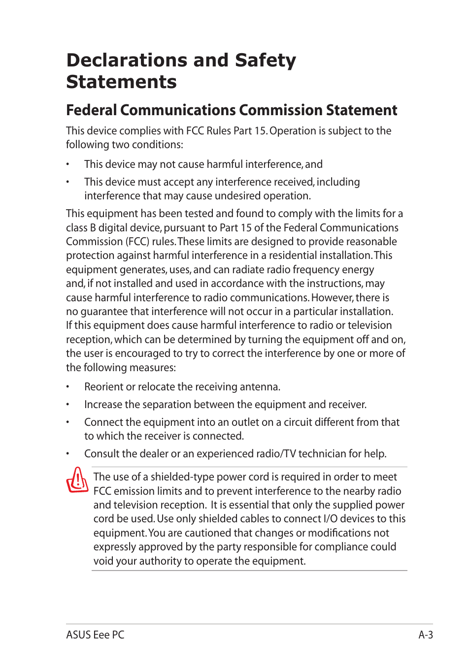 Declarations and safety statements, Federal communications commission statement | Asus Eee PC 1101HA User Manual | Page 61 / 82