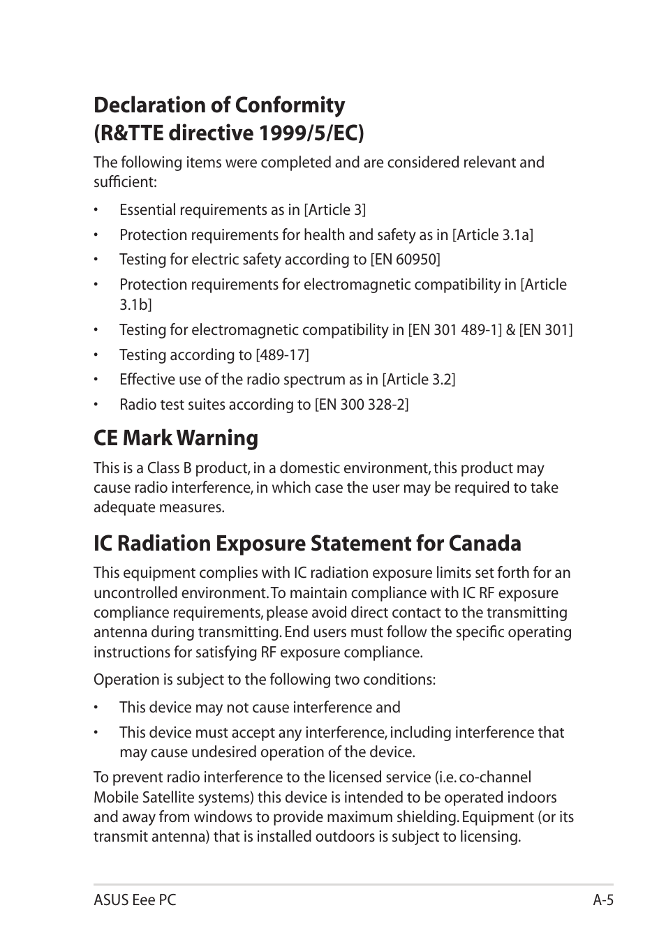 Ce mark warning, Ic radiation exposure statement for canada | Asus Eee PC 1101HA User Manual | Page 63 / 82