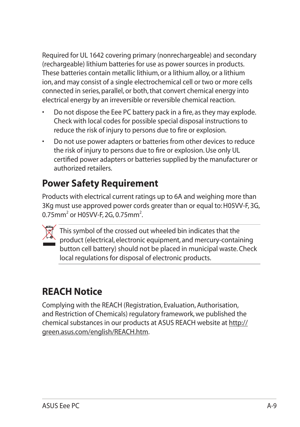 Power safety requirement, Reach notice | Asus Eee PC 1101HA User Manual | Page 67 / 82