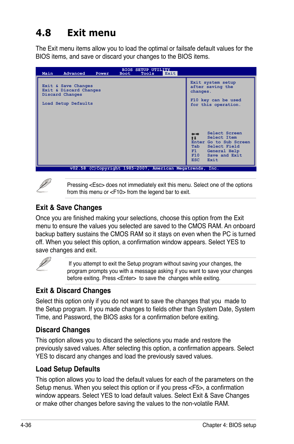8 exit menu, Exit & save changes, Exit & discard changes | Discard changes, Load setup defaults | Asus P5K-V User Manual | Page 104 / 150