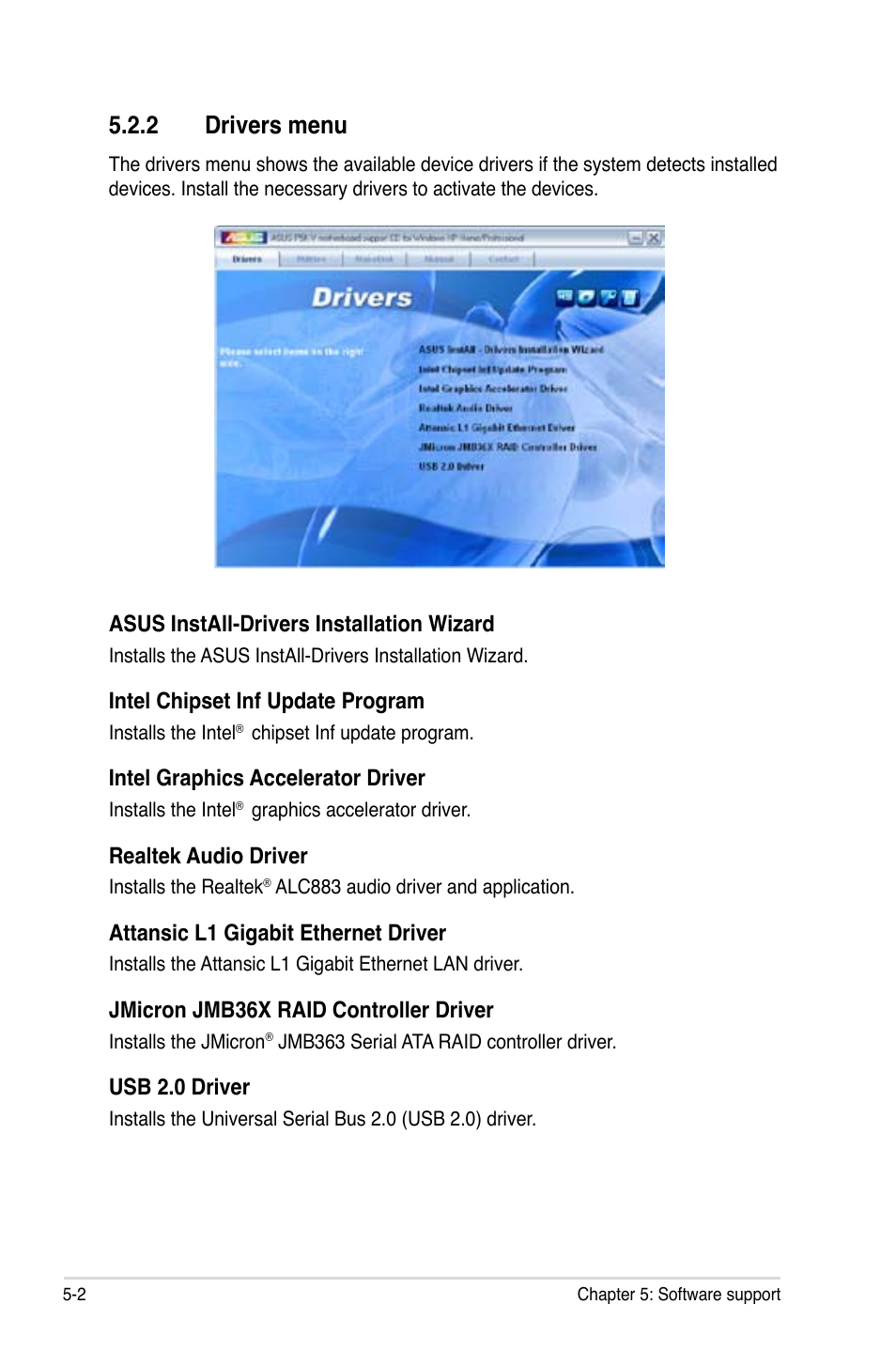 2 drivers menu | Asus P5K-V User Manual | Page 108 / 150