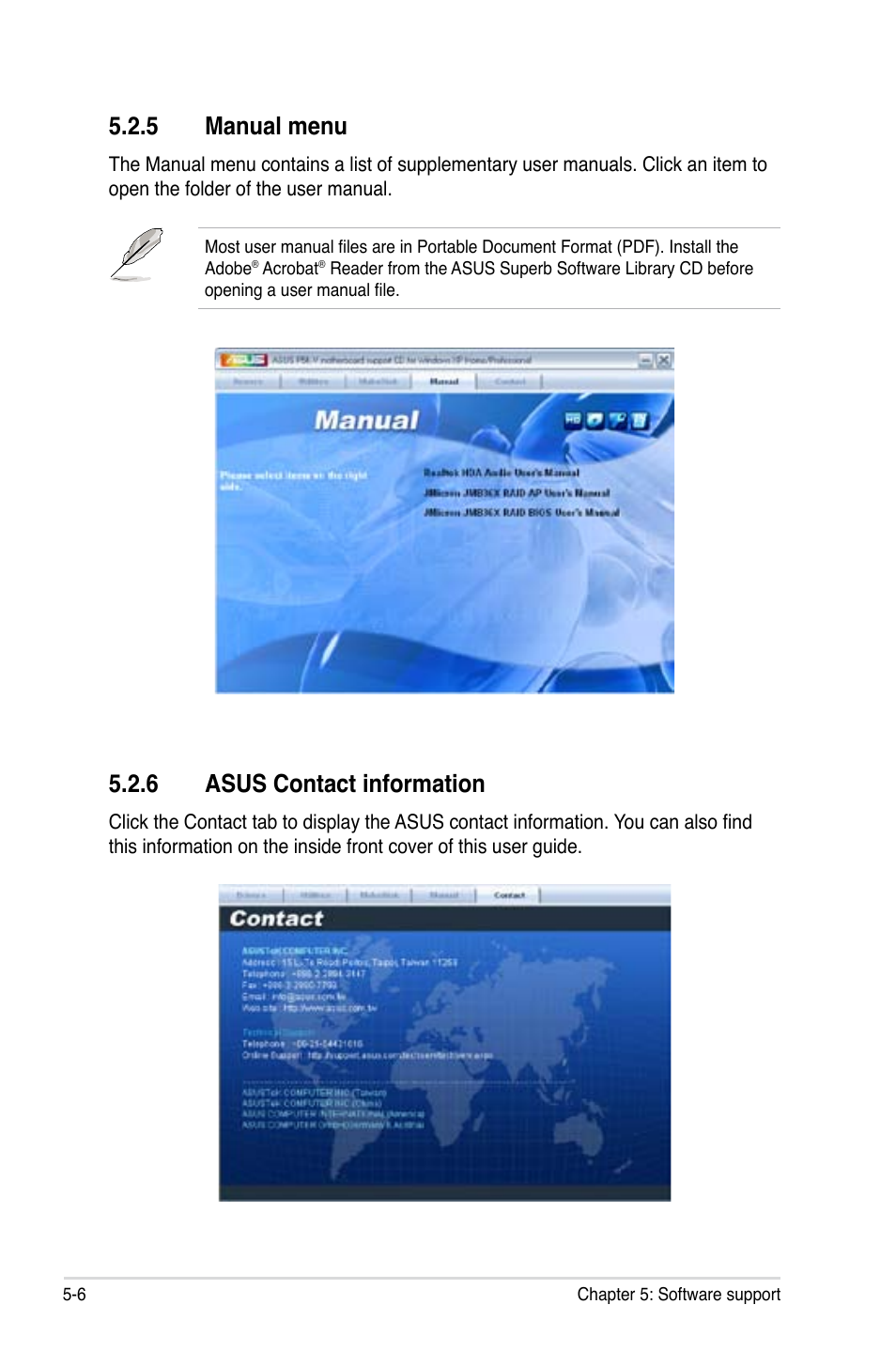 5 manual menu, 6 asus contact information | Asus P5K-V User Manual | Page 112 / 150