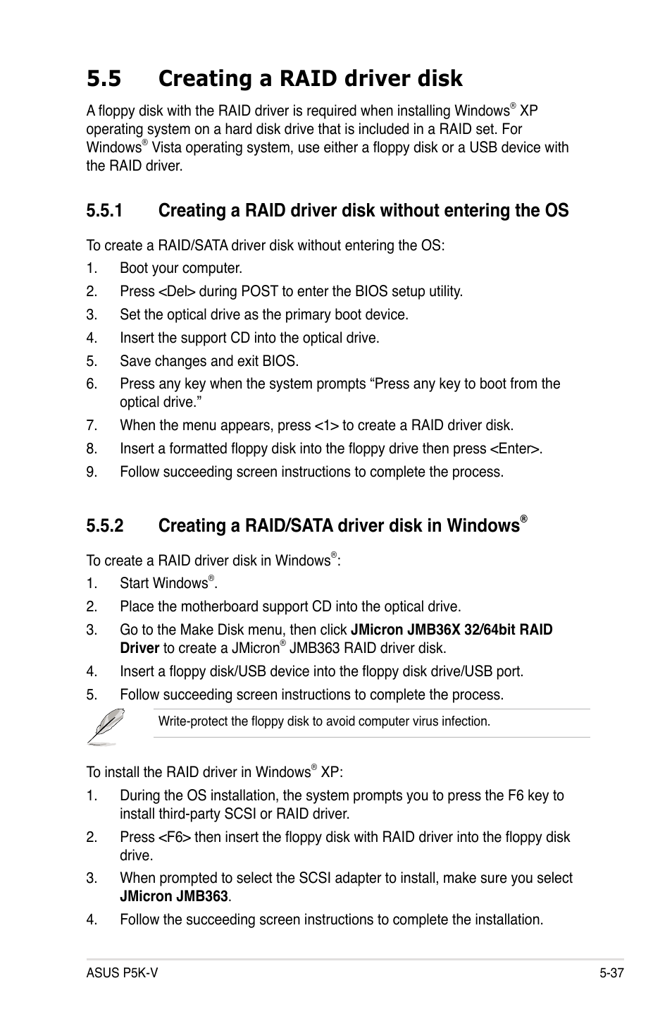 5 creating a raid driver disk, 2 creating a raid/sata driver disk in windows | Asus P5K-V User Manual | Page 143 / 150