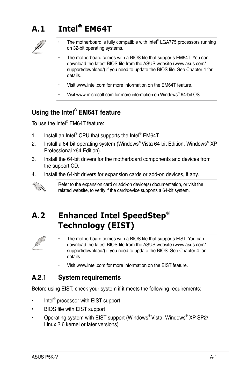 A.1 intel, Em64t, A.2 enhanced intel speedstep | Technology (eist), Using the intel, Em64t feature, A.2.1 system requirements | Asus P5K-V User Manual | Page 147 / 150