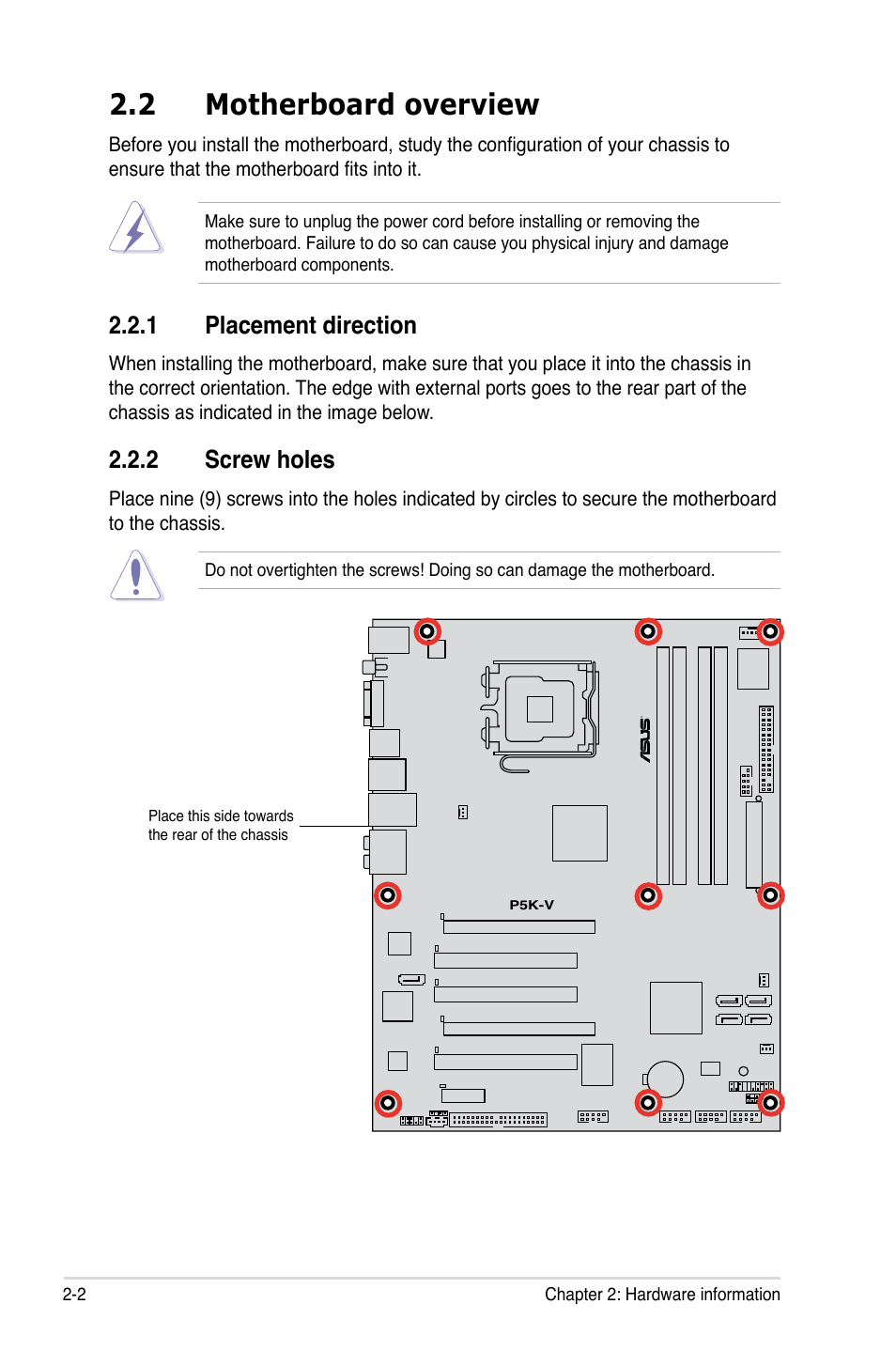 2 motherboard overview, 1 placement direction, 2 screw holes | Asus P5K-V User Manual | Page 26 / 150