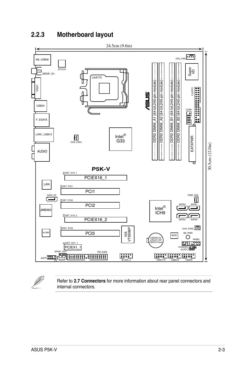 3 motherboard layout, P5k-v, Asus p5k-v 2-3 | Pciex16_2, Intel, Ich9, G33 pci1 | Asus P5K-V User Manual | Page 27 / 150