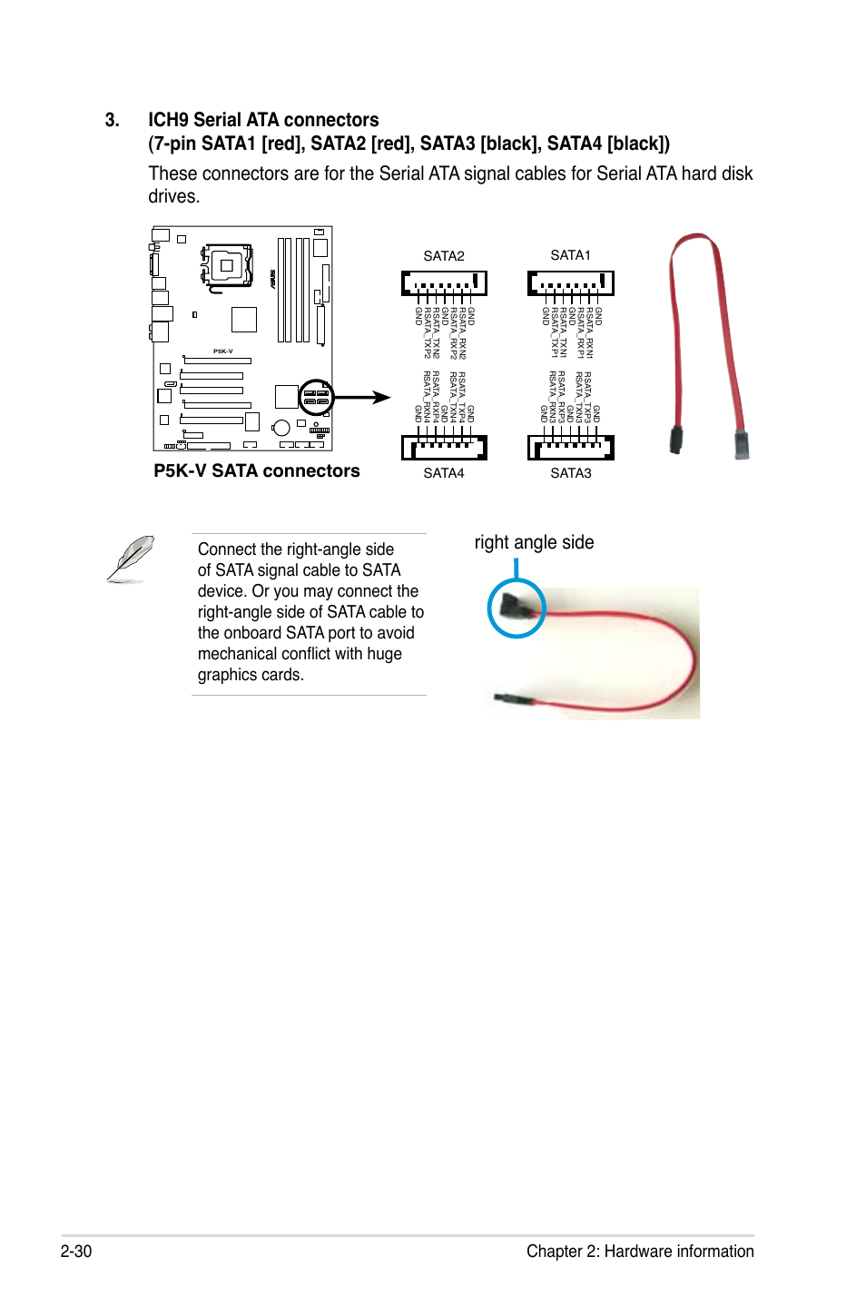 Right angle side, 30 chapter 2: hardware information, P5k-v sata connectors | P5b sata connectors, Sata1 sata3 sata2 sata4, Sata1 sata4 sata3 sata2 | Asus P5K-V User Manual | Page 54 / 150