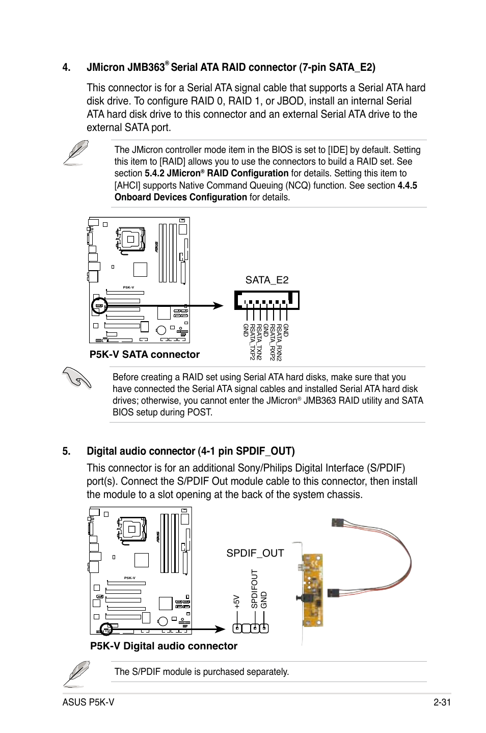 Jmicron jmb363, P5k-v digital audio connector, Spdif_out | Asus p5k-v 2-31, P5k-v sata connector sata_e2, The s/pdif module is purchased separately | Asus P5K-V User Manual | Page 55 / 150