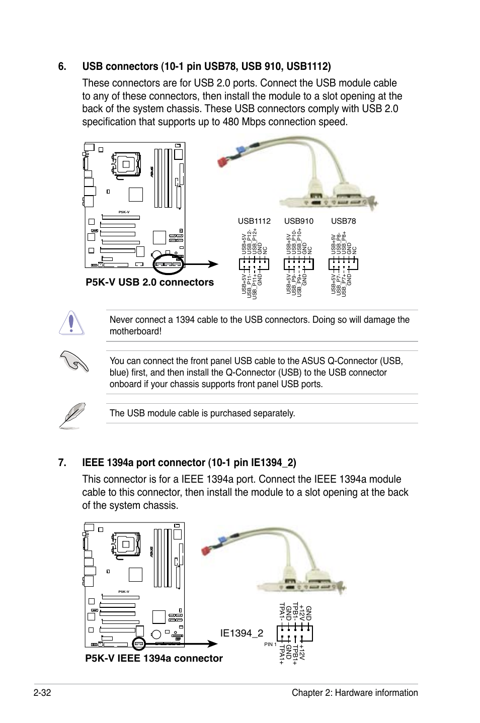 P5k-v usb 2.0 connectors, 32 chapter 2: hardware information | Asus P5K-V User Manual | Page 56 / 150