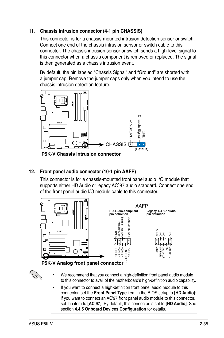 P5k-v chassis intrusion connector chassis, P5k-v analog front panel connector aafp, Asus p5k-v 2-35 | Asus P5K-V User Manual | Page 59 / 150