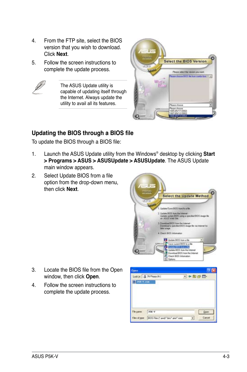 Updating the bios through a bios file | Asus P5K-V User Manual | Page 71 / 150