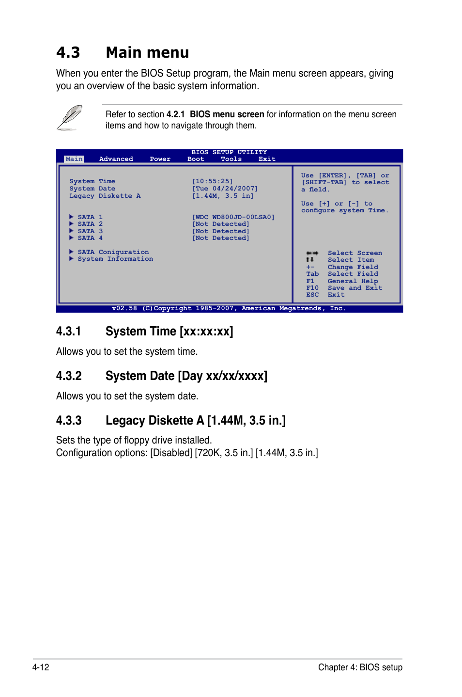 3 main menu, 1 system time [xx:xx:xx, Allows you to set the system time | Allows you to set the system date | Asus P5K-V User Manual | Page 80 / 150