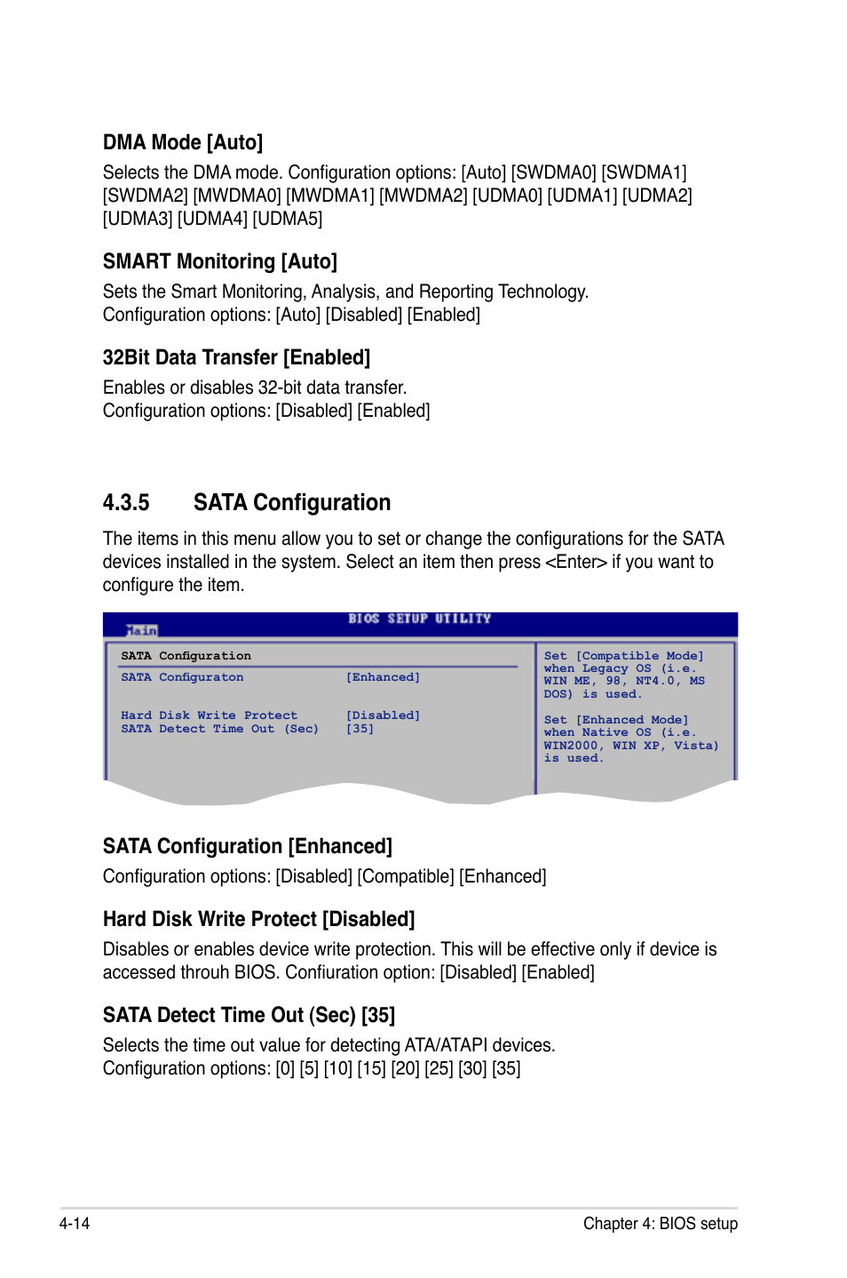 5 sata configuration, Dma mode [auto, Smart monitoring [auto | 32bit data transfer [enabled, Sata configuration [enhanced, Hard disk write protect [disabled, Sata detect time out (sec) [35 | Asus P5K-V User Manual | Page 82 / 150