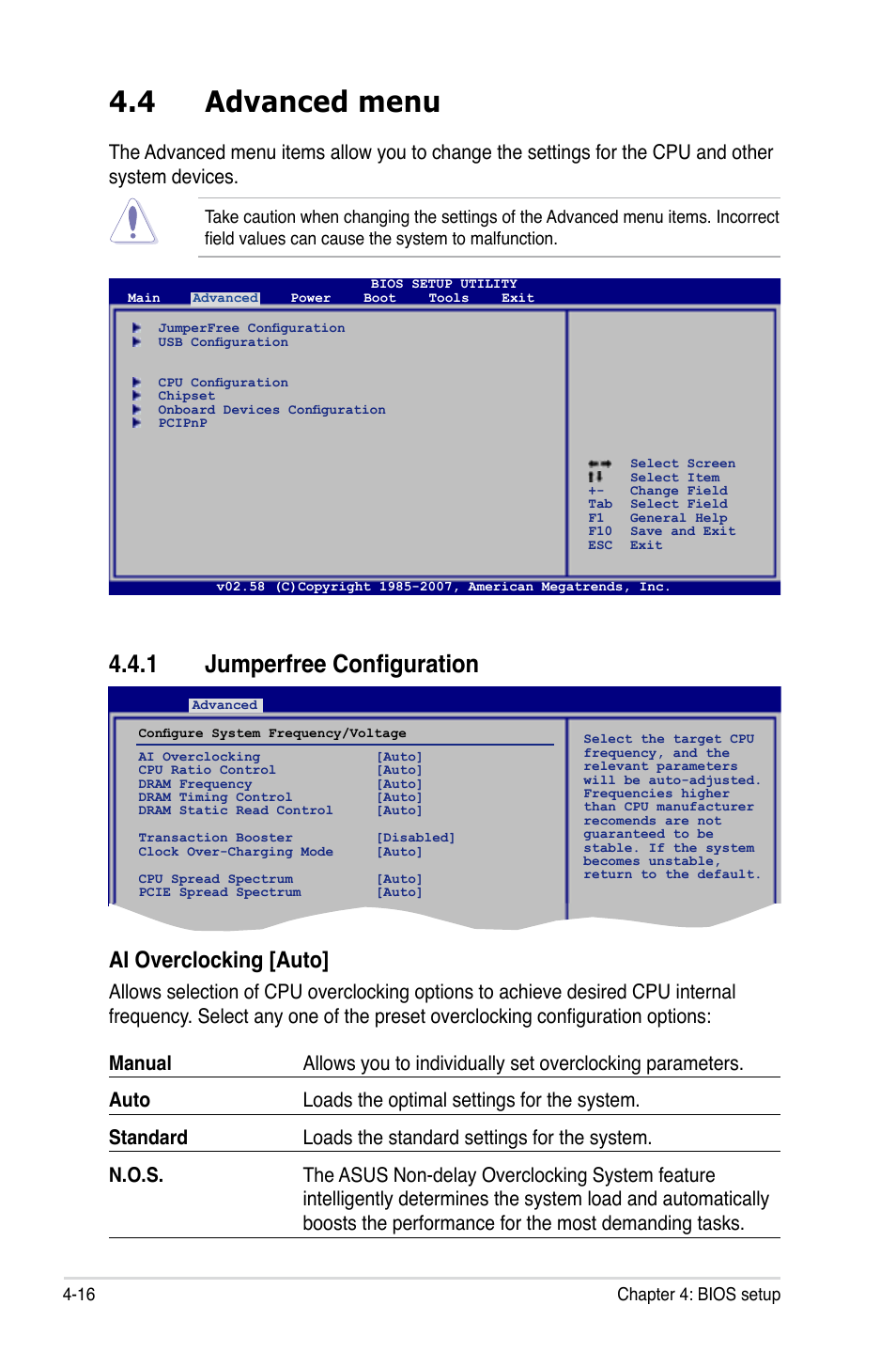 4 advanced menu, 1 jumperfree configuration, Ai overclocking [auto | Asus P5K-V User Manual | Page 84 / 150