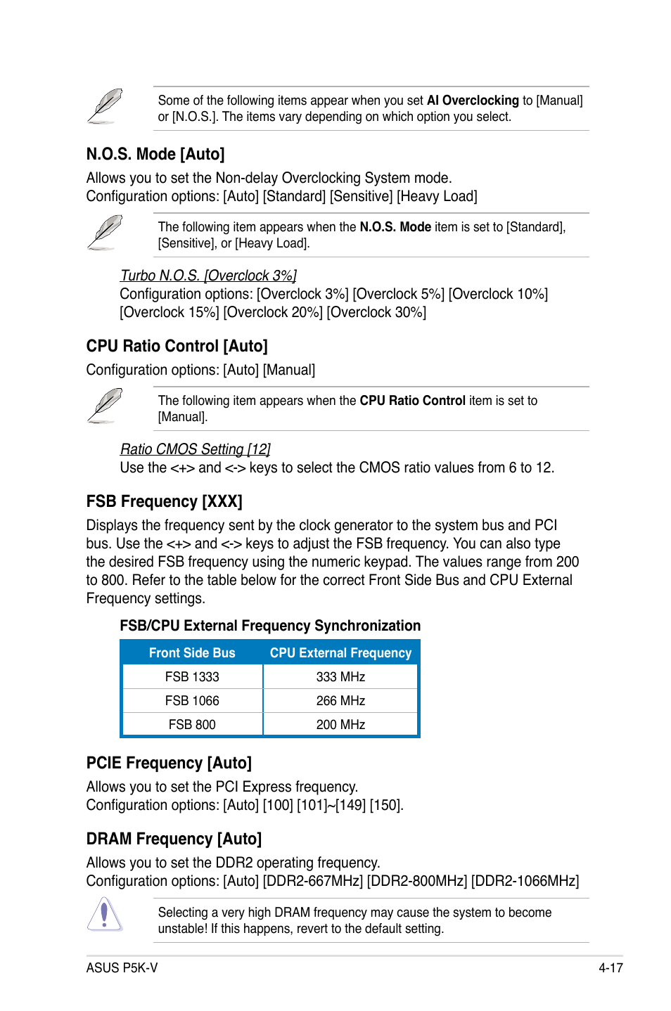 N.o.s. mode [auto, Cpu ratio control [auto, Fsb frequency [xxx | Pcie frequency [auto, Dram frequency [auto | Asus P5K-V User Manual | Page 85 / 150