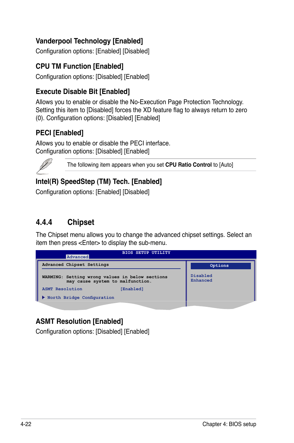 4 chipset, Vanderpool technology [enabled, Cpu tm function [enabled | Execute disable bit [enabled, Peci [enabled, Intel(r) speedstep (tm) tech. [enabled, Asmt resolution [enabled | Asus P5K-V User Manual | Page 90 / 150