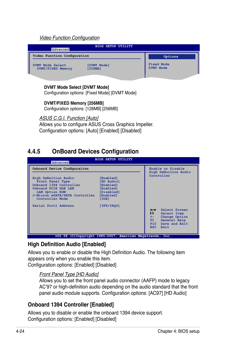 5 onboard devices configuration, High definition audio [enabled, Onboard 1394 controller [enabled | Asus P5K-V User Manual | Page 92 / 150