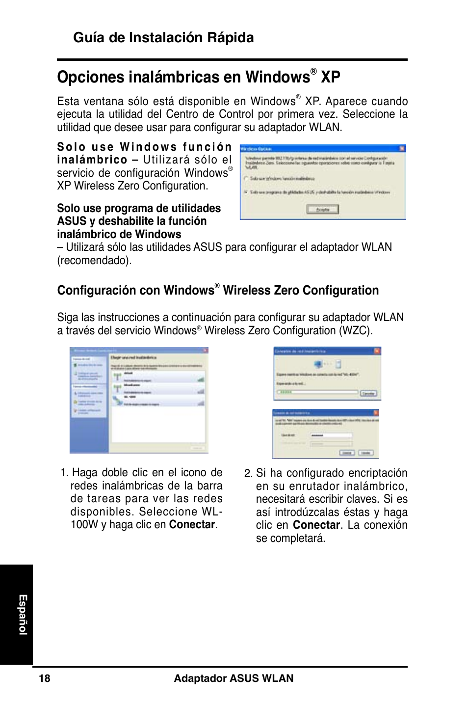 Opciones inalámbricas en windows, Guía de instalación rápida | Asus WL-160N User Manual | Page 20 / 85