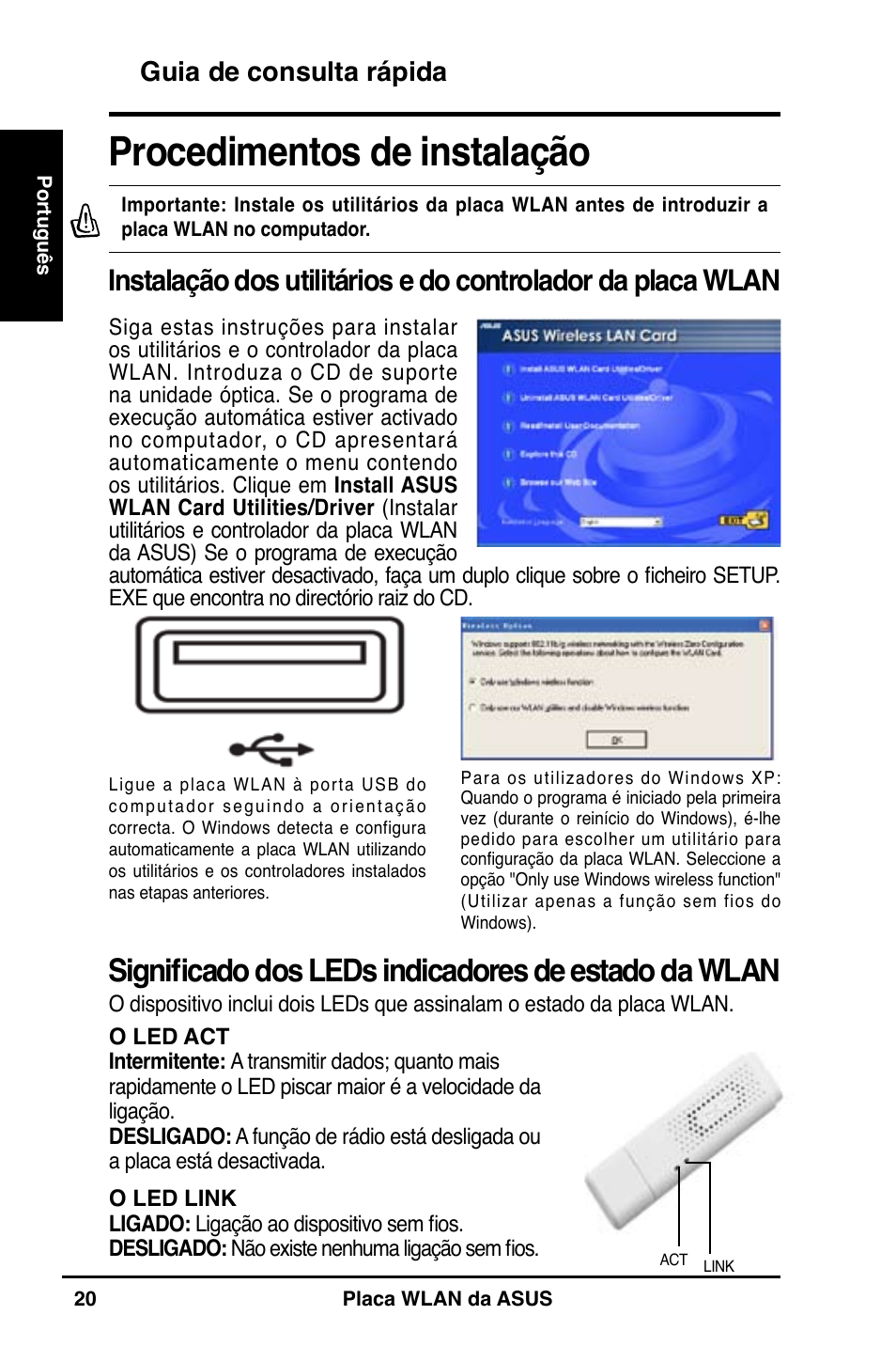 Procedimentos de instalação, Significado dos leds indicadores de estado da wlan, Guia de consulta rápida | Asus WL-160N User Manual | Page 22 / 85