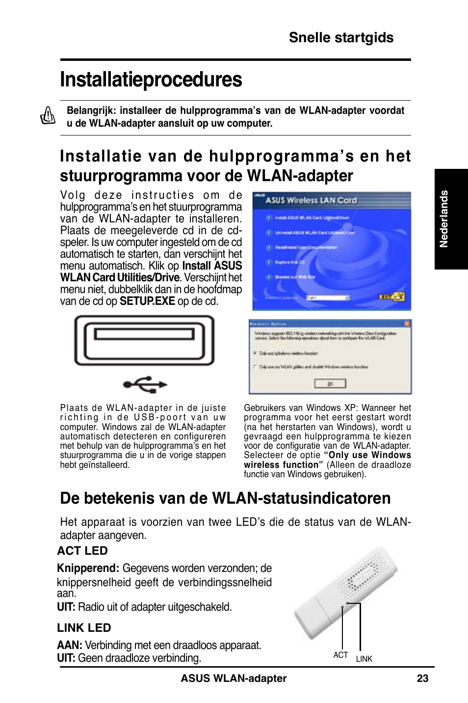 Installatieprocedures, De betekenis van de wlan-statusindicatoren, Snelle startgids | Asus WL-160N User Manual | Page 25 / 85