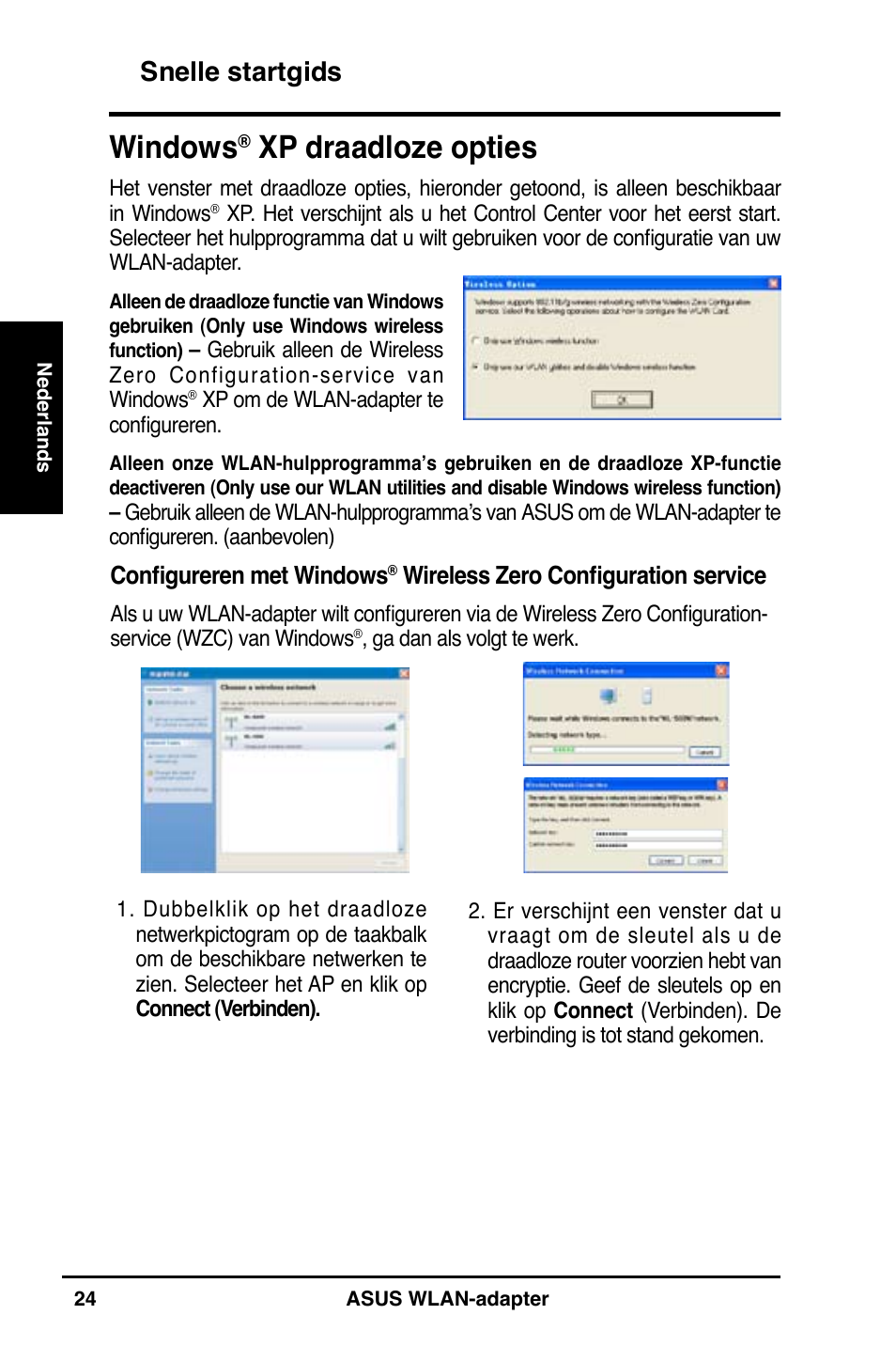 Windows, Xp draadloze opties, Snelle startgids | Asus WL-160N User Manual | Page 26 / 85