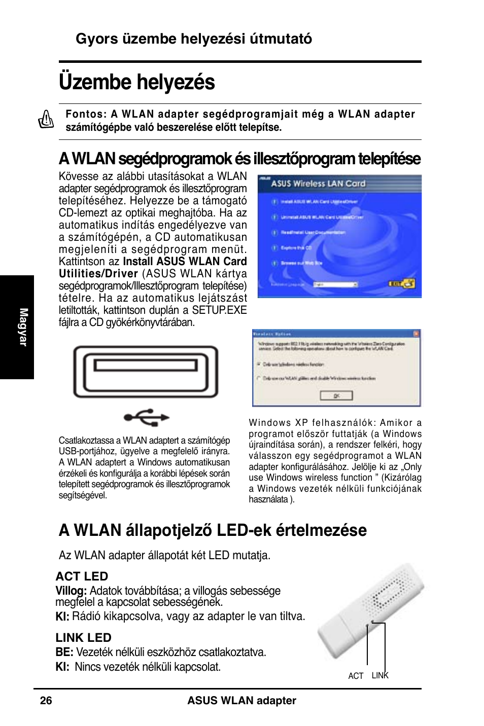 Üzembe helyezés, A wlan állapotjelző led-ek értelmezése, Gyors üzembe helyezési útmutató | Asus WL-160N User Manual | Page 28 / 85